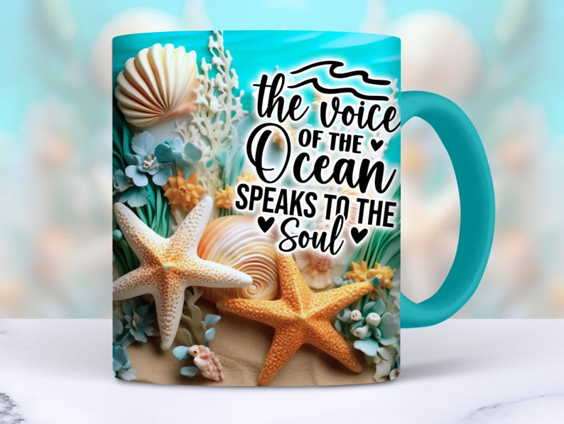coffee mug with digital design sublimation wrap png.  the image is  a beach theme with a coral reef including starfish and seashells.  calm ocean beach vacation  mug wrap sublimation png
