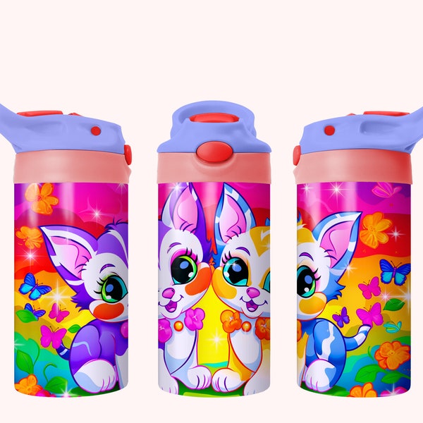 Neon Kittens 12oz Kids Flip Top Sippy Cup Tumbler Wrap, 12oz Straight Tumbler Sublimation PNG, Childrens Kitty Tumbler Wrap For Girls