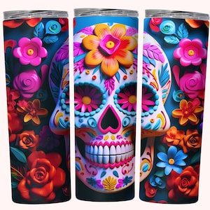 Sugar Skull 3D Tumbler Wrap Sublimation, 20oz Skinny Tumbler Sublimation Design Digital Download PNG, 3D Day Of The Dead Skull Tumbler PNG