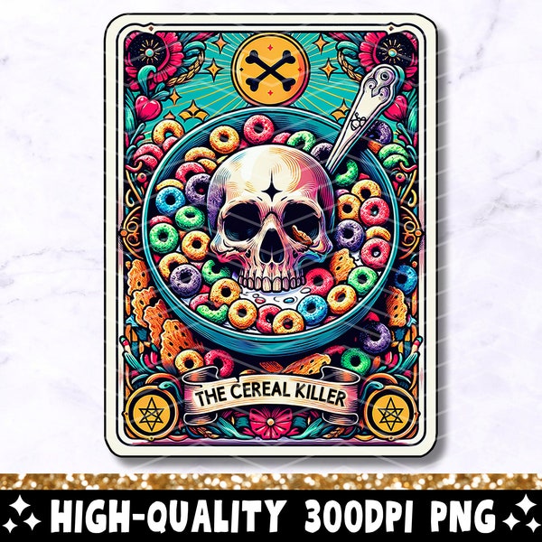 Cereal Killer Funny Tarot Card PNG, Sarcastic Skeleton Sublimation Design, Witchy Skull True Crime Lover Trendy TShirt Mug PNG File Download