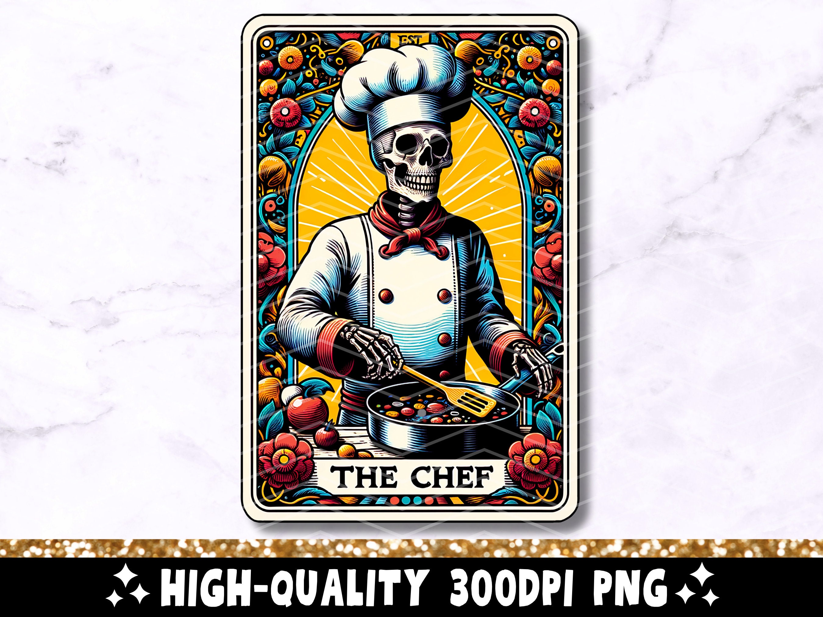 The Chef Tarot Card PNG, Skeleton Cook Sublimation Design, Cool Dad Skull Cooking GothicChef Tarot T-Shirt Mug PNG File, Digital Download