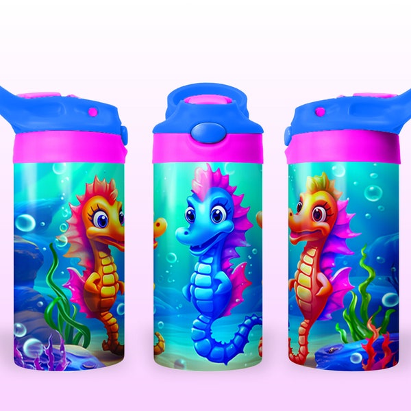 Seahorses 12oz Kids Flip Top Sippy Cup Tumbler Wrap, 12oz Straight Tumbler Sublimation PNG, Childrens Under The Sea Tumbler Wrap For Girls