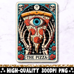 La pizza divertente carta dei tarocchi PNG, design alla moda con sublimazione dello scheletro, strega pizza amante gotico carta dei tarocchi t-shirt tazza PNG, download digitale