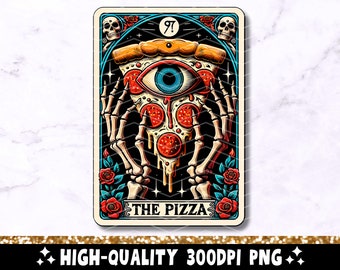 De pizza grappige tarotkaart png, trendy skeletsublimatieontwerp, Witchy pizzaliefhebber gotische tarotkaart T-shirt mok png, digitale download
