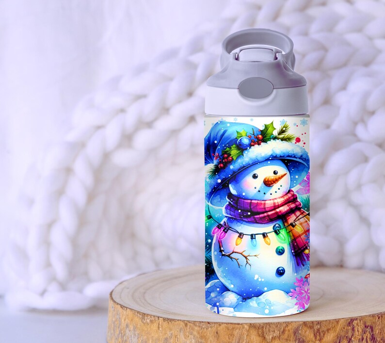Cute Christmas 12oz Kids Flip Top Sippy Cup Tumbler Wrap, Snowman 12oz