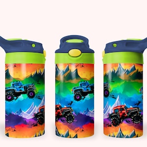 Monster Truck 12oz Kids Flip Top Sippy Cup Tumbler Wrap, 12oz Straight Tumbler Sublimation PNG, Childrens Trucks Tumbler Wrap Design