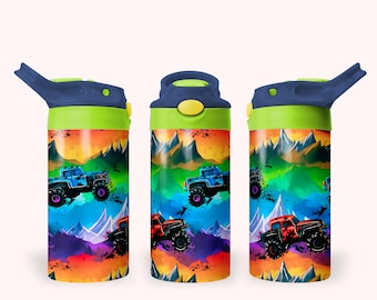 Monster Truck 12oz Kids Flip Top Sippy Cup Tumbler Wrap, 12oz Straight Tumbler Sublimation PNG, Childrens Trucks Tumbler Wrap Design