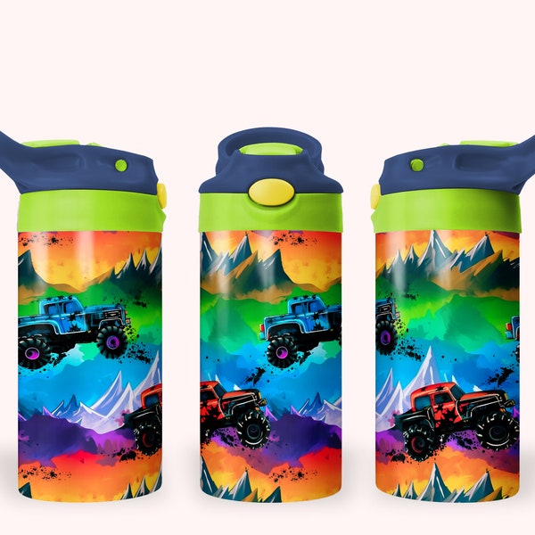 Monster Truck 12 oz Kids Flip Top Sippy Cup Tumbler Wrap, 12 oz Straight Tumbler Sublimation PNG, Childrens Trucks Tumbler Wrap Design