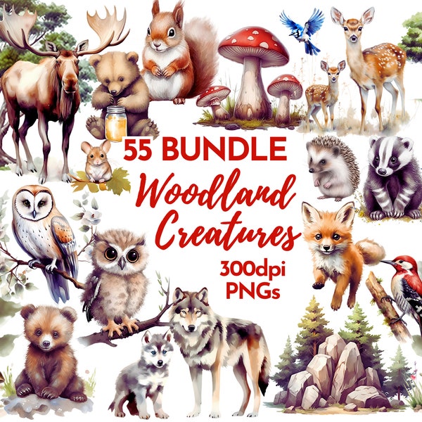 Woodland Animals Clipart PNG Bundle, Nursery Clip Art Sublimation Designs,  Woodland Creatures Children's Cute Animal Clipart, Download
