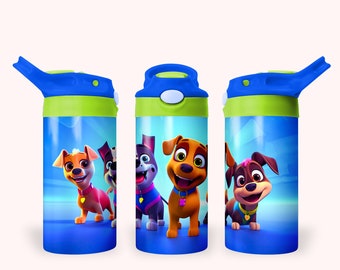 May include: Three blue and green water bottles with a straw lid. Each bottle features a different cartoon dog character from the animated series PAW Patrol.