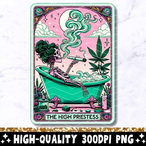 La carta del tarot de la suma sacerdotisa PNG, divertido diseño de sublimación de cannabis 420, Witchy Skeleton Weed Pot Smoker camiseta taza archivo PNG, descargar