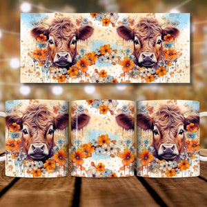 Baby Highland Cow Mug Wrap, 11oz and 15oz Mug Wrap Sublimation Design, Cute Cow With Flowers Mug PNG Template, Instant Digital Download image 4