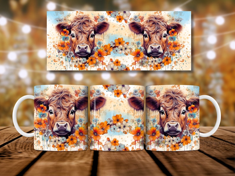 Baby Highland Cow Mug Wrap, 11oz and 15oz Mug Wrap Sublimation Design, Cute Cow With Flowers Mug PNG Template, Instant Digital Download image 4