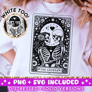 Die Liebhaber Tarot Karte SVG PNG, Skelett Liebe Sublimation Design, Celestial Witchy Liebhaber Schädel Tarot T-Shirt SVG Png Schnitt Datei Download