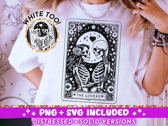 The Lovers Tarot Card SVG PNG, Skeleton Love Sublimation Design, Celestial Witchy Lovers Skulls Tarot T-Shirt SVG png Cut File Download