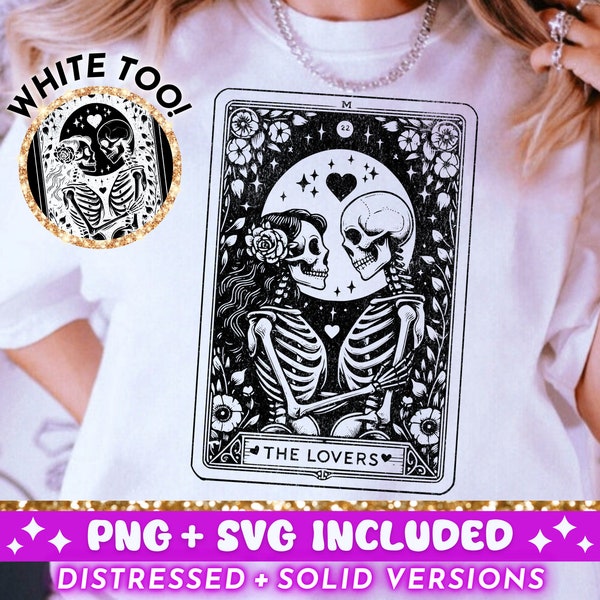 The Lovers Tarot Card SVG PNG, Skeleton Love Sublimation Design, Celestial Witchy Lovers Skulls Tarot T-Shirt SVG png Cut File Download