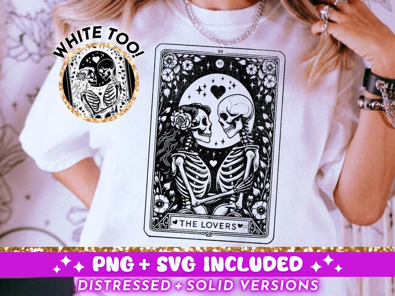 white t-shirt with digital design svg cut file or sublimation png.  the image is in the style of a tarot card with funny skeletons and the words the lovers.  funny witchy tarot theme cut file png sublimation