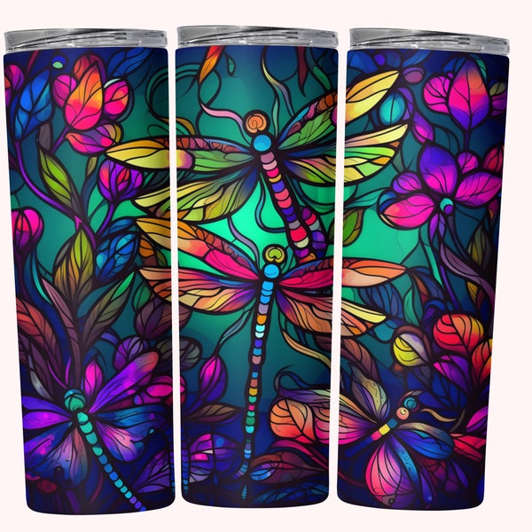 Stained Glass DragonFly Tumbler Wrap PNG, 20oz Skinny Tumbler Sublimation Design, Instant Download, Straight & Tapered Colorful Tumbler Wrap