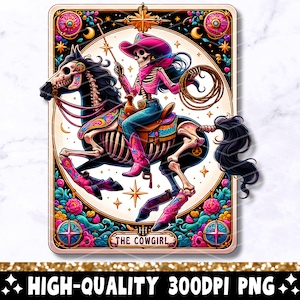 Die Cowgirl-Tarot-Karte PNG, lustiger Skelettschädel trendiges Sublimationsdesign, Country Western T-Shirt Becher PNG-Datei, sofortiger digitaler Download