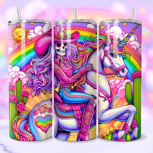 20oz skinny tumbler with digital design sublimation wrap png.  the image is a colorful skeleton cowgirl riding a unicorn with a rainbow in the background.  colorful skeleton cowgirl tumbler wrap sublimation png