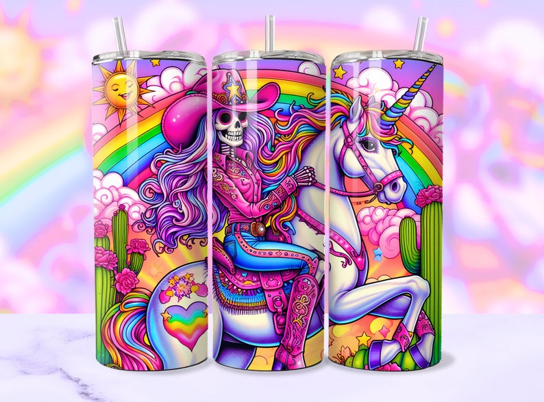 20oz skinny tumbler with digital design sublimation wrap png.  the image is a colorful skeleton cowgirl riding a unicorn with a rainbow in the background.  colorful skeleton cowgirl tumbler wrap sublimation png