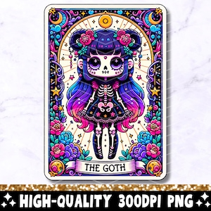 De Goth tarotkaart PNG, Goth Girl skelet sublimatie ontwerp, kleurrijke Gothic Witchy Skull T-shirt mok PNG-bestand, instant digitale download