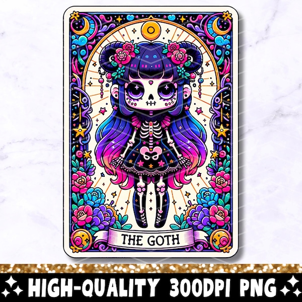 The Goth Tarot Card PNG, Goth Girl Skeleton Sublimation Design, Colorful Gothic Witchy Skull T-Shirt Mug PNG File, Instant Digital Download