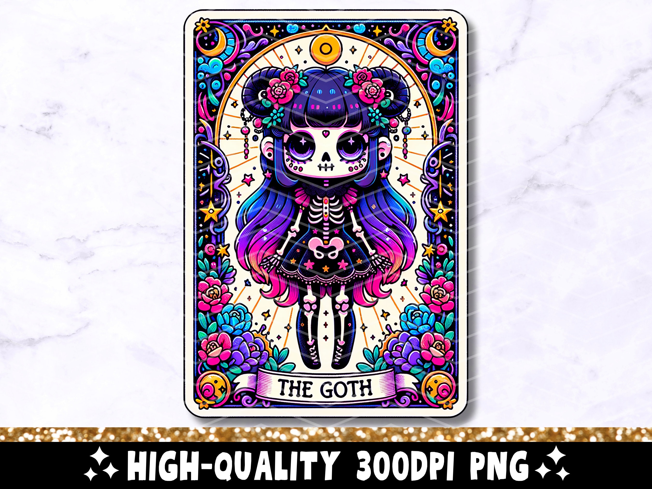 The Goth Tarot Card PNG, Goth Girl Skeleton Sublimation Design, Colorful Gothic Witchy Skull T-Shirt Mug PNG File, Instant Digital Download