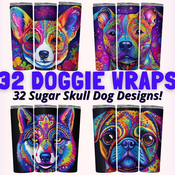 Dog Sugar Skull Tumbler Wraps BUNDLE, 20oz Skinny Tumbler Wrap Sublimation PNGs, Instant Download, Straight + Tapered Doggie Tumbler PNG