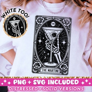Black and white svg cut file and png design of a tarot card for The Martini with a skeleton hand holding a martini