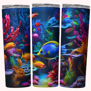 Aquarium Tumbler Wrap, 20oz Skinny Tumbler Sublimation Design, Instant Download, Straight & Tapered Tumbler Wrap, Underwater Ocean Fish PNG