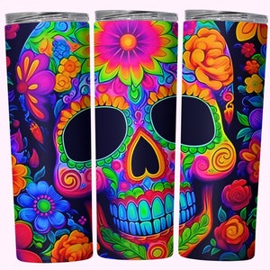 Neon Sugar Skull Tumbler Wrap, 20oz Skinny Tumbler Sublimation Design, Digital Download, Colorful Skull Tumbler PNG, Straight and Tapered
