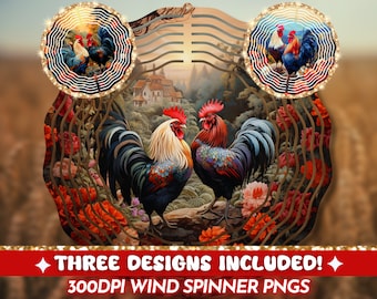Country Roosters Wind Spinner PNG, Chickens Wind Spinner Sublimation Design, Farm Windspinner Template PNG File, Instant Digital Download