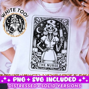 Die Krankenschwester Tarot Karte SVG PNG, Skelett Sublimationsdesign, Pflegehexenschädel Tarot T-Shirt Design Png SVG Schnittdatei, digitaler Download