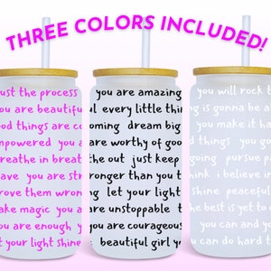 Positive Affirmations 16oz Glass Can Wrap, Digital Download Sublimation Design, 16oz Template, Self Love Inspirational Glass Tumbler PNG