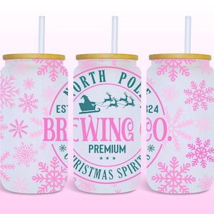 Christmas 16oz Glass Can Wrap, North Pole Brewing Holiday Glass Jar Tumbler Seamless UV DTF Sublimation Design, Libbey Can Wrap Winter PNG