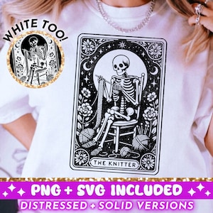 The Knitter Tarot Card SVG PNG, grappig breien skelet sublimatie ontwerp, Witchy Crafter gehaakt T-Shirt SVG png-bestand, digitale download