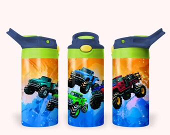 Monster Truck 12oz Kids Flip Top Sippy Cup Tumbler Wrap, 12oz Straight Tumbler Sublimation PNG, Childrens Trucks Tumbler Wrap Design