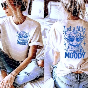 May include: White t-shirt with a blue graphic of a cow wearing sunglasses and the text "Just a little moody".