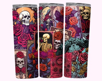 Tarot Cards Tumbler Wrap, Witchy Vibes Celestial 20oz Skinny Straight Tumbler Wrap Sublimation Design, Skeleton Wicca Tumbler PNG Download