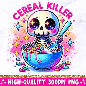 May include: A cartoon skeleton wearing a pink and blue shirt with the text "Cereal Killer" is holding a spoon and eating a bowl of colorful cereal.