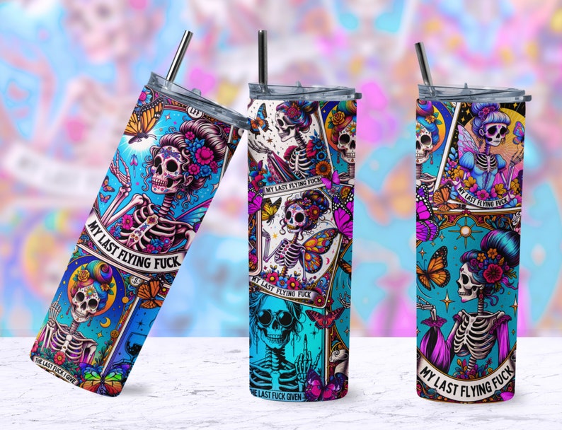 Sarcastic Tarot Cards Tumbler Wrap, Sweary Witchy Skeleton 20oz Skinny Straight Tumbler Wrap Sublimation Design, Funny Tumbler PNG Download image 7