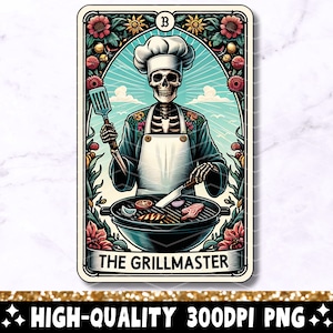 Die Grill Master Tarot Karte PNG, Skelett Sublimationsdesign, Schädel Papa Kochen Gothic Vater Koch Tarot T-Shirt Becher PNG, digitaler Download