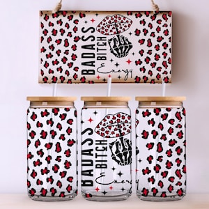 Badass Bitch Energy 16 oz glazen blikje wikkelen NAADLOOS sublimatieontwerp, glazen pot bekersjabloon luipaardprint skelet UVDTF, Libbey-blikje, png PNGEgg