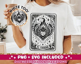 El Corazón Tarot Card SVG PNG, Mexican Sacred Heart Sublimation Design, Trendy Latina Spanish Burning Heart Wings SVG Cut File png, Download