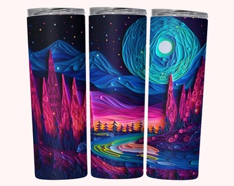 Coole 3D-Becherverpackungen Nordlichter, 20 Unzen Skinny Tumble Wrap Sublimationsdesign, Aurora Borealis Bunte Neon Quilled 3D Tumbler Wrap PNG