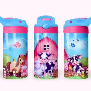 Animales de granja 12oz Kids Flip Top Sippy Cup Tumbler Wrap, 12oz Straight Tumbler Sublimation PNG, Childrens Farm Life Tumbler Wrap Design PNG