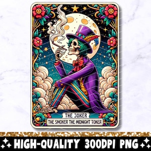The Joker Smoker Midnight Toker tarotkaart png, skeletsublimatieontwerp, gotische schedel tarot trendy T-shirt mok png, digitale download