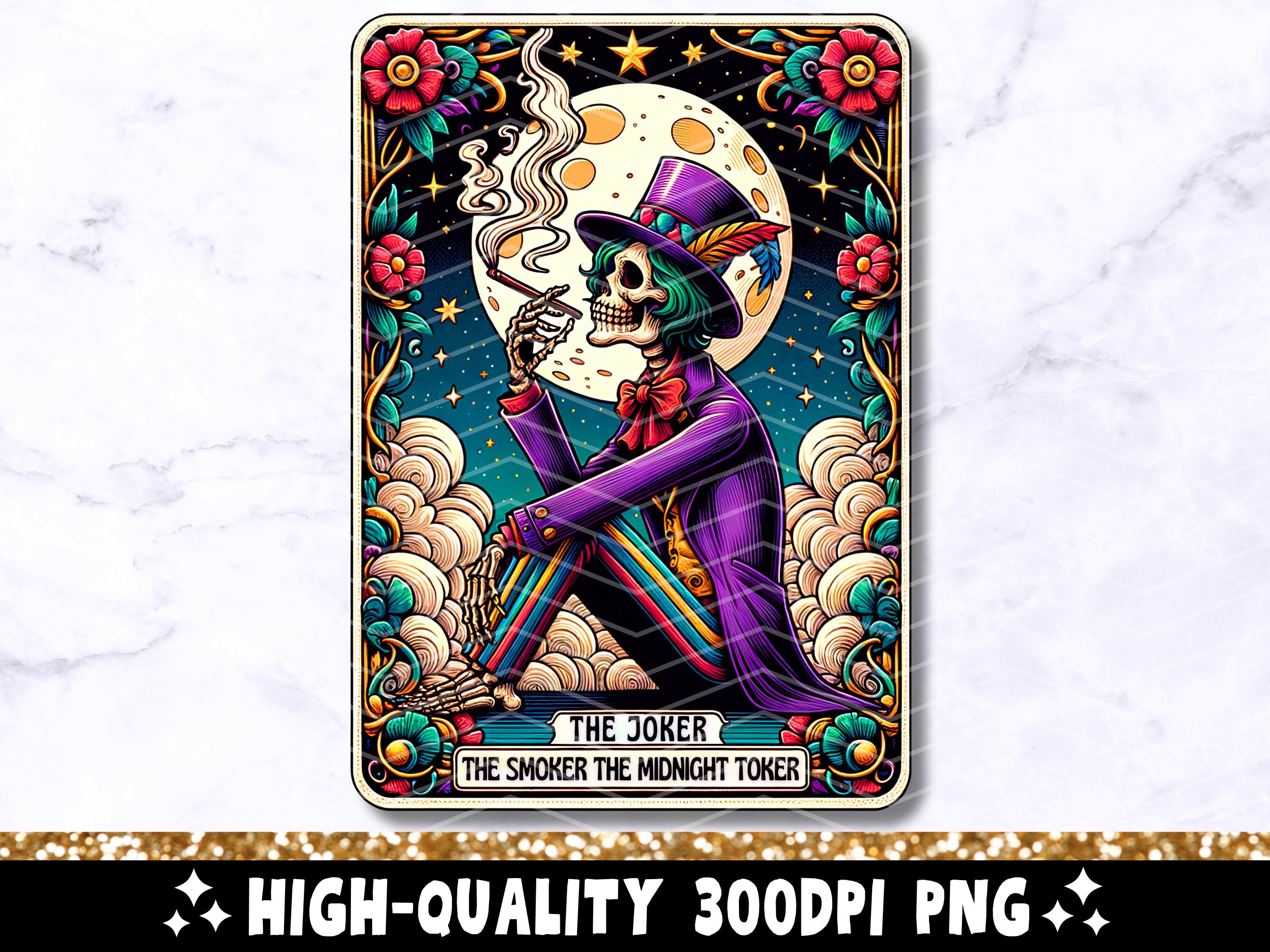 The Joker Smoker Midnight Toker Tarot Card PNG, Skeleton