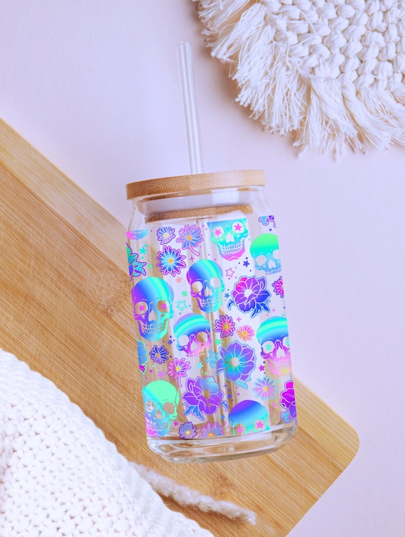 Skull & Flowers 16oz Glass Can Wrap, Digital Download UV DTF Sublimation Design, 16oz Skeleton Glass Jar Template Tumbler Libbey Wrap PNG